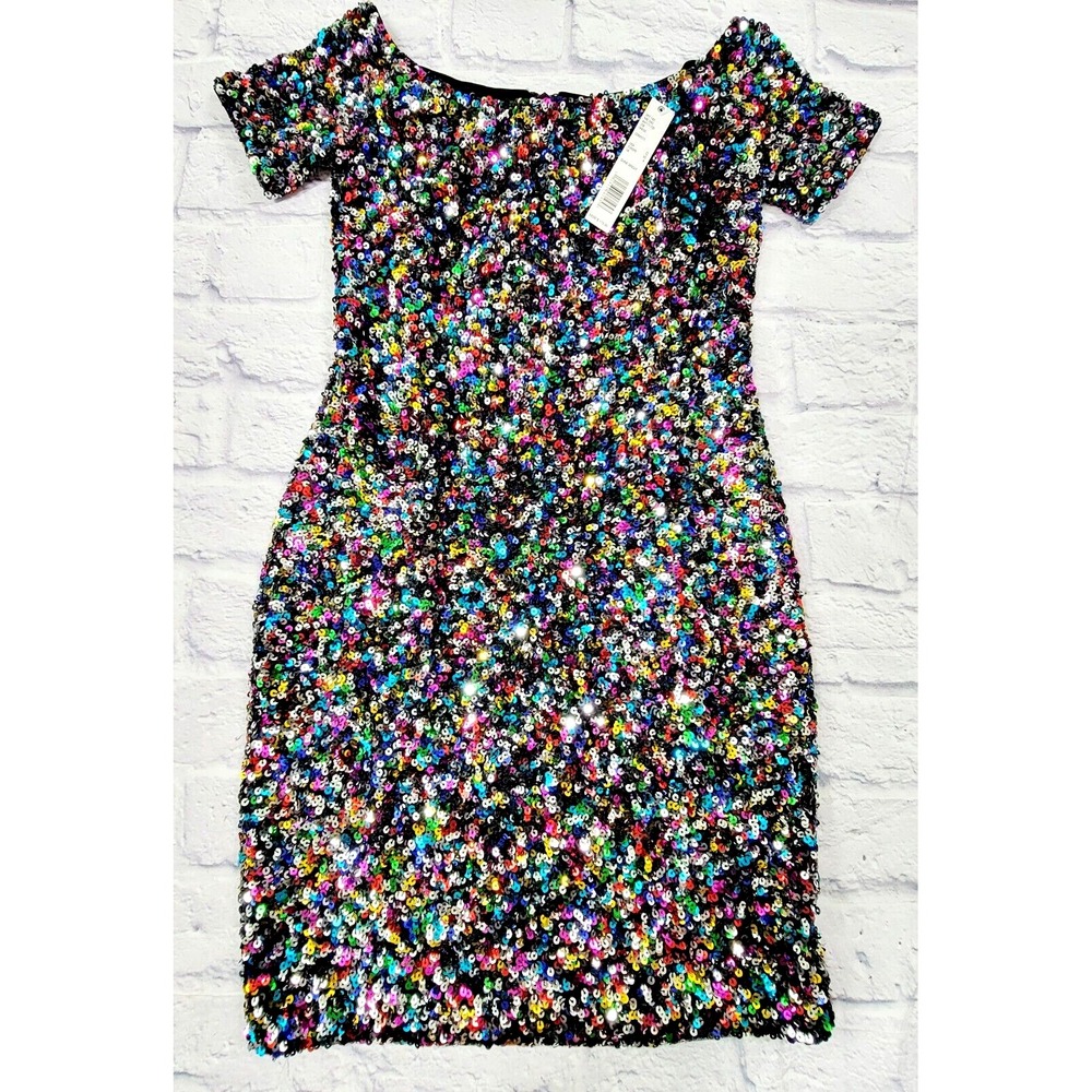 Gianni Bini sz 0 Multicolor Rainbow Sequin Confetti Zoe Mini Dress Black Holiday